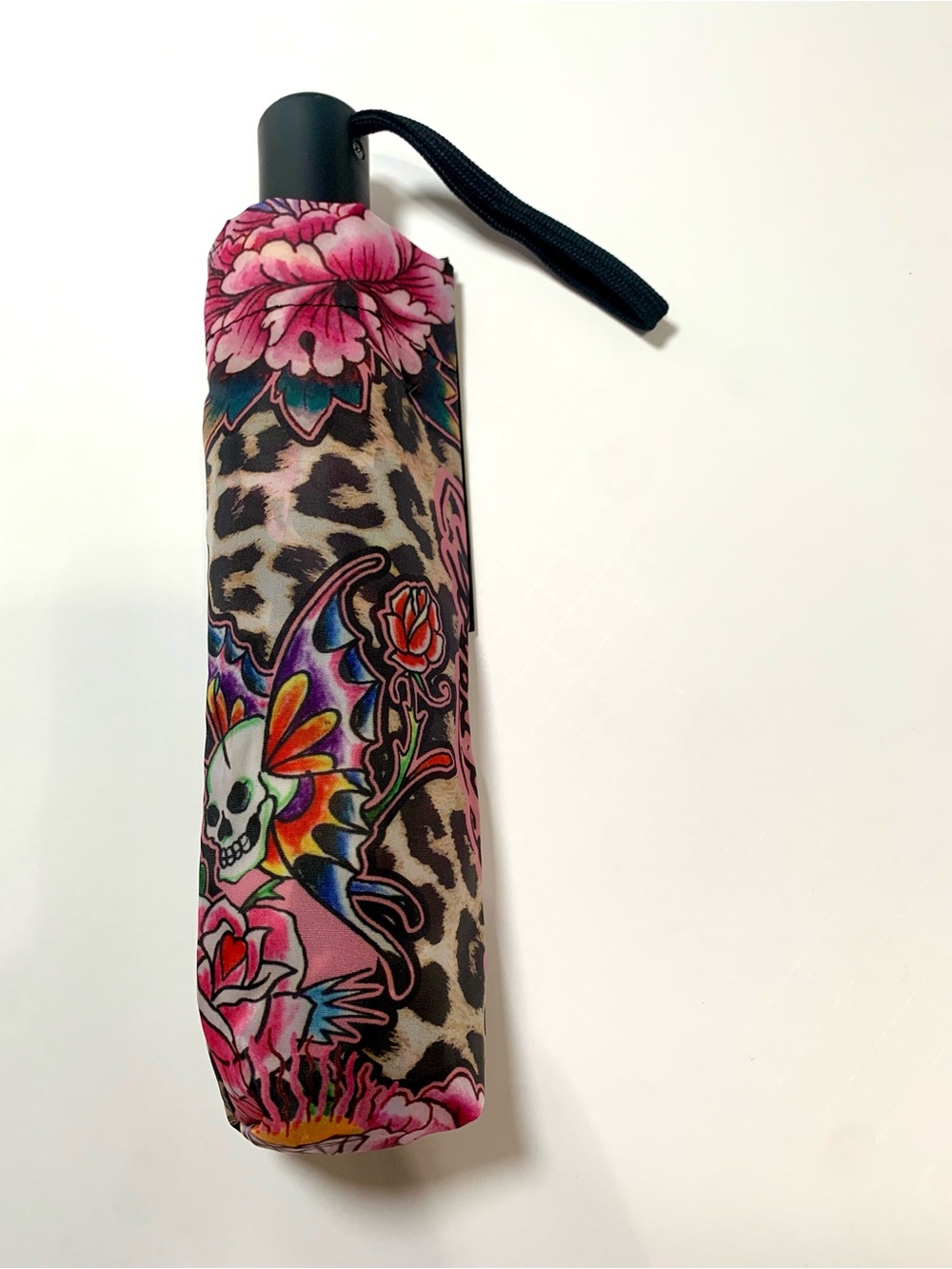 Ed Hardy Animal w/Skull & Butterfly Tattoo Print Compact Umbrella-NWT